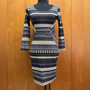 Black Bead Navy and Beige Striped Long Sleeve Dress